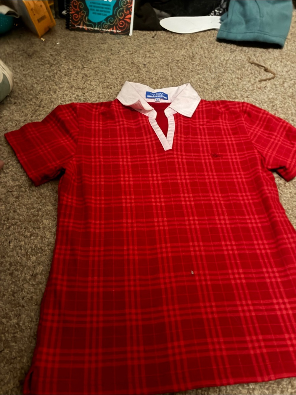 Burberry Red Plaid Button-Front Top with White Collar